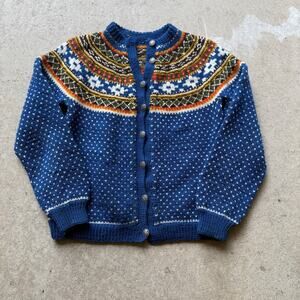 Women’s Vintage 70’s Wool Knit Norwegian Blue Brown Button Up Cardigan Sweater M